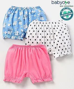 Babyoye Eco-Conscious Anti Bacterial Cotton Bloomers Solid & Polka Dot Print Pack of 3 - Blue & Pink