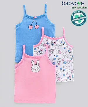 Babyoye Eco-Conscious  Anti Bacterial Cotton Bunny and Cherry Printed Sleeveless Slips Pack of 3 - Multicolour
