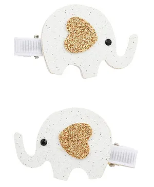 Aye Candy Set Of 2 Heart Detailed Elephant Embellished Hair Clips - White & Golden
