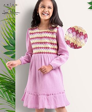 Arias Cotton Crinkle Full Sleeves Frock With Handmade Crochet Yoke - Pink