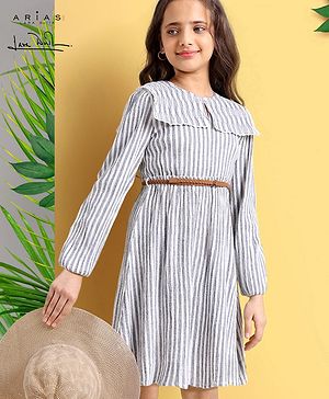 Arias Cotton Striped Seersucker Full Sleeves Dress With Quilted Collar - Grey