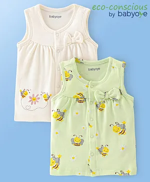 Babyoye Eco-Conscious Cotton Knit Eco-Jiva Sleeveless Vests Pack of 2 Fairy Bees Print - Green White
