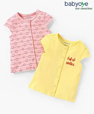 Babyoye Eco Conscious With Eco Jiva Finish 100% Cotton Short Sleeves Vests Heart Print Pack of 2 - Pink & Yellow
