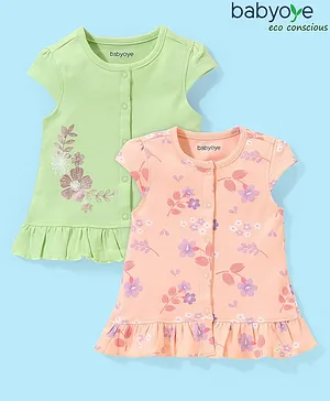 Babyoye Eco Conscious Cotton with Eco Jiva Finish Half Sleeves Set of Vests Floral Print Pack of 2 - Peach & Green