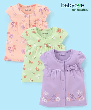 Babyoye Eco Conscious Cotton With Eco Jiva  Cap Sleeves Floral Printed Vests Pack Of 3 - Purple & Green