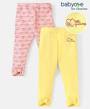 Babyoye Eco Conscious 100% Cotton Full Length Eco Jiva Leggings Heart Print Pack of 2 - Pink & Yellow