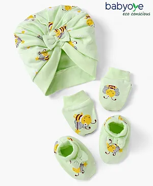 Babyoye Eco-Conscious With Eco Jiva Finish Cap Mittens Booties Set Fairy Bee Print Green - Circumference 38 cm