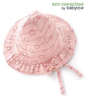 Babyoye Eco Conscious Cap with Tie Knot Heart Print Bow Applique Pink - Circumference 34 cm