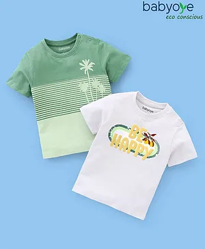 Babyoye Cotton Half Sleeves Palm Tree Printed & Text Embossed T-Shirts Pack of 2 - Green & White