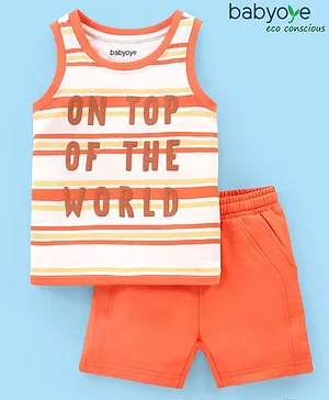Babyoye Cotton Sleeveless T-shirt and Shorts Set Text and Striped Print - Orange