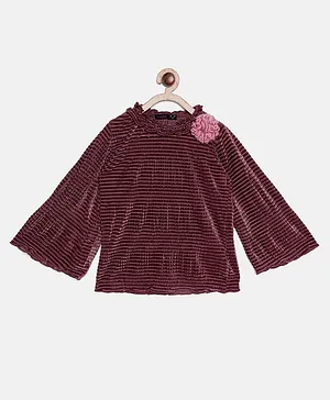Ziama Full Sleeves Crochet Flower Applique Glittery Striped Stretchable Top - Onion Pink