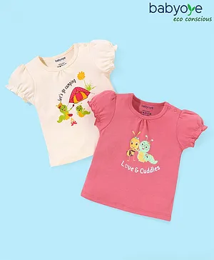 Babyoye Eco-Conscious Organic Cotton Eco-Jiva  Half Sleeves Tee Caterpillar Print Pack of 2 - Pink & Peach