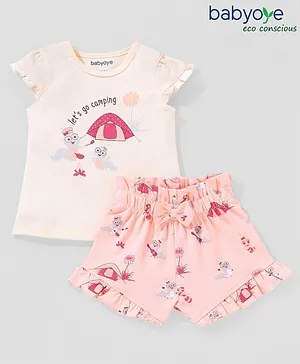 Babyoye Eco-Conscious 100% Cotton with Eco-Jiva Finish Cap Sleeves T-Shirt & Short Set Camping Print - Pink