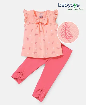 Babyoye Eco-Conscious 100% Cotton with Eco-Jiva Finish Frill Sleeves T-Shirt & Leggings Set Floral Print - Rose Pink