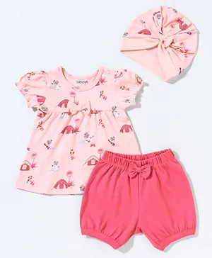 Babyoye Eco Conscious Cotton Eco-Jiva Half sleeves Flower Printed Top and Short Set with Cap - Pink