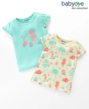 Babyoye Eco Conscious Cotton With Eco Jiva Finish Half Sleeves Tees Seahorse Print Pack of 2- Beige & Blue