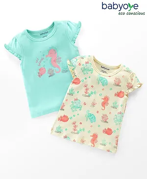 Babyoye Eco Conscious Cotton With Eco Jiva Finish Half Sleeves Tees Seahorse Print Pack of 2- Beige & Blue