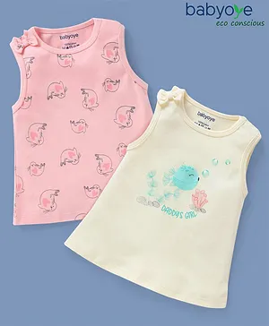 Babyoye Eco-Conscious 100% Cotton With Eco Jiva Finish Sleeveless Tee Fish Print Pack of 2 - White & Pink