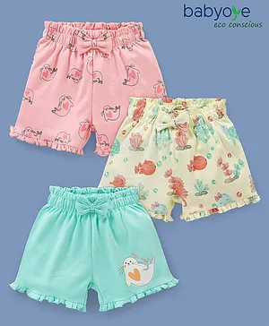 Babyoye Eco Conscious Cotton with Eco Jiva Finish Shorts Sea Lion Print Pack of 3- Pink Blue & Yellow