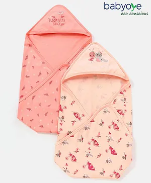 Babyoye  Eco-Conscious Cotton Eco-Jiva Hooded Printed Towel & Wrappers Pack Of 2 - Pink