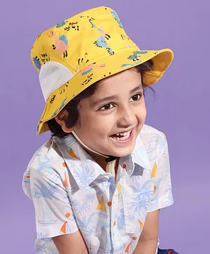 Babyhug Dino Print Bucket Hats Yellow - Diameter 16.5 cm