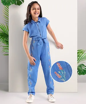 Arias 100% Cotton Twill Jumpsuit with Drop Shoulder Fit And Cross Stitch Embroidery - Blue