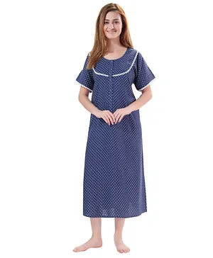 Piu Half Sleeves All Over Dots Printed Lace Detailing Nursing & Maternity Nighty - Blue