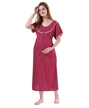Piu Half Sleeves All Over Dots Printed Lace Detailing Nursing & Maternity Nighty - Red