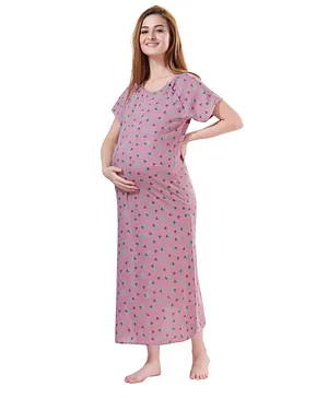Piu Half Sleeves Hearts Printed Nursing & Maternity Nighty - Pink