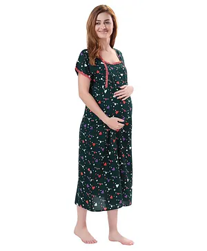 Piu Half Sleeves Hearts & Stars Printed Lace Detail Nursing & Maternity Nighty - Green