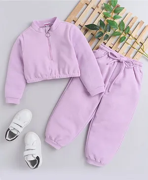 Taffy Full Sleeves Zip Detailed Top With Jogger Pant - Purple