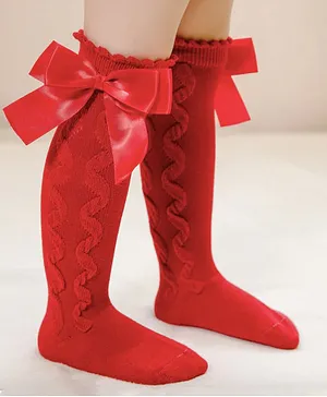 Flaunt Chic Swirl Design Detailed & Bow Embellished Socks - Red