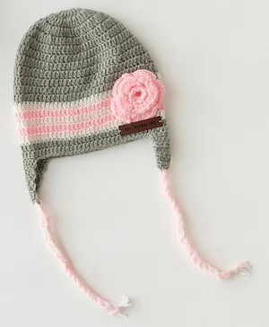The Original Knit Flower Embellished Handmade Braided Cap - Grey Pink