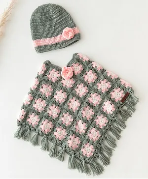 The Original Knit -Full Sleeves Handmade Flower Embroidered Poncho Style Sweater & Cap Set - Grey & Baby Pink