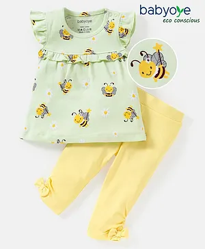 Babyoye Eco Conscious Female  Cotton Eco Jiva Frill Sleeves Top & Lounge Pant Set Fairy Bee Print- Green & Yellow