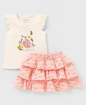 Babyoye Eco-Conscious Cotton Eco-Jiva Bee Printed Sleeveless Top & Skirt Set - Pink