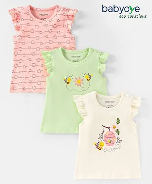 Babyoye Eco Conscious 100% Cotton Eco Jiva Finish Sleeveless Tops Fairy Bee & Heart Print Pack Of 3 - Pink Green & Cream