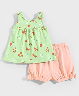 Babyoye Eco-Conscious Cotton Eco-Jiva Printed Sleeveless Top and Short Sets - Green & Peach