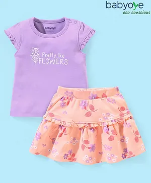 Babyoye Eco-Conscious Cotton Eco-Jiva 100% Biowash Half Sleeves Top & Skirt Set Floral Print - Purple & Pale Peach