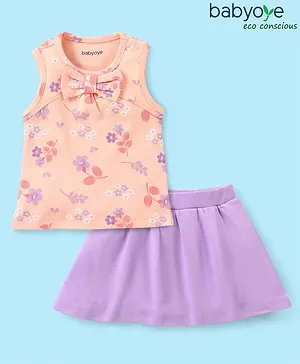 Babyoye Eco-Conscious Cotton Eco-Jiva Sleeveless Top & Skirt Set Floral Print - Peach
