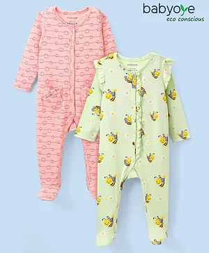 Babyoye Eco-Conscious Cotton Eco-Jiva Full Sleeves Bee Printed Sleep Suits Pack of 2 - Pink & Green