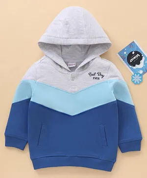 Babyhug Cotton Full Sleeves Winter Wear Hooded Tee Color Block Print- Blue White