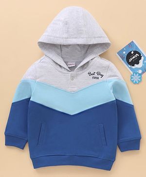 Babyhug Cotton Full Sleeves Winter Wear Hooded Tee Color Block Print- Blue White