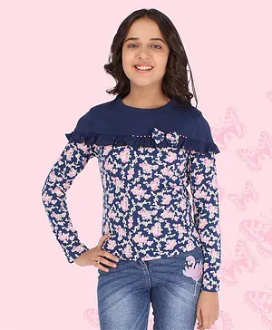 Cutecumber Full Sleeves Floral Printed With Bodice Frill Detail Top - Navy Blue