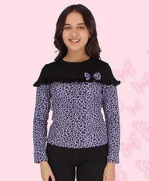 Cutecumber Full Sleeves Animal Printed With Bodice Frill Detail Top - Purple