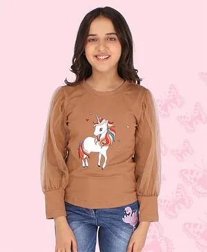 Cutecumber Full Sleeves Unicorn Patch Embellished Top - Brown