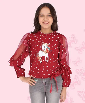 Cutecumber Full Sleeves Queen And Polka Dots Printed Top - Maroon