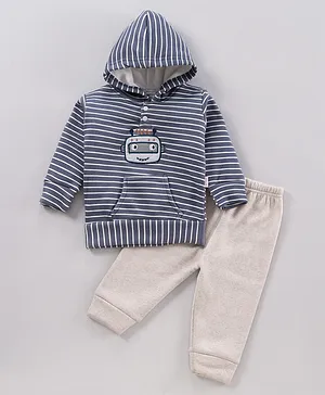 Mom's pet Fleece Full Sleeves Striped Robot Patch Hooded Embroidery Sweatshirt With Jogger - Grey