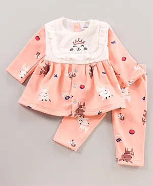 Mom's pet Full Sleeves All Over Deer & Flower Printed Winter Frock With Leggings - Peach