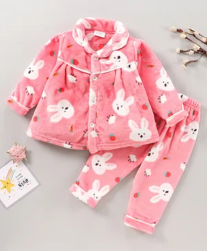 Mom's pet Full Sleeves Bunny Printed Front Open Fur Detail Winter Night Suit - Pink